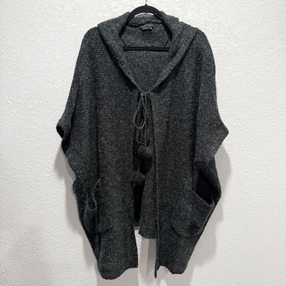 Bcbg Maxazria Wool Hooded Cape Women’s SM Charcoal Grey Tie Front Pom-Poms